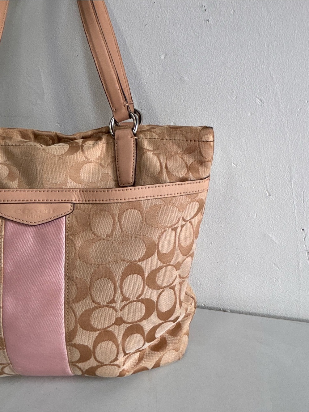 Coach Beige Monogram Tote with Pink Center Stripe